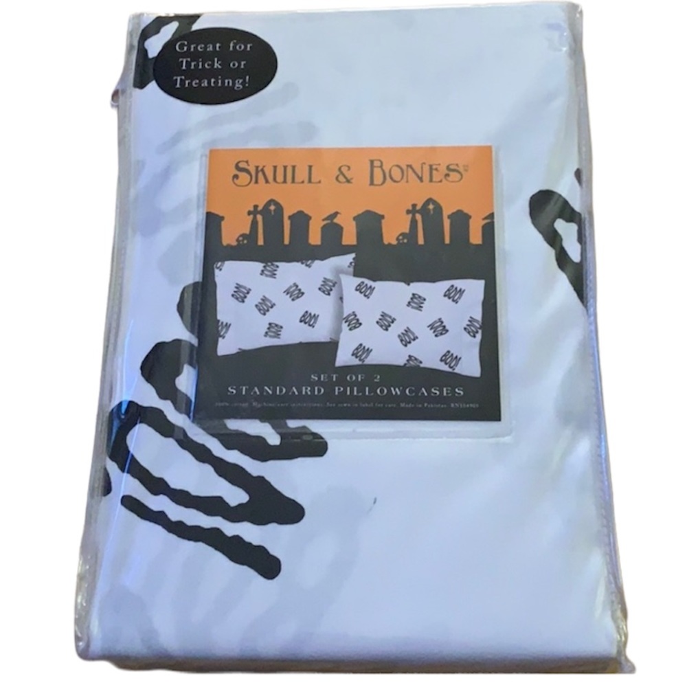 Skull & Bones Graphic Spooky BOO! 2 Standard Halloween Pillowcases.